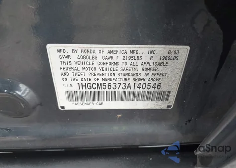 2003 Honda Accord 2.4 Lx z USA, uszkodzony, nr VIN 1HGCM56373A140546